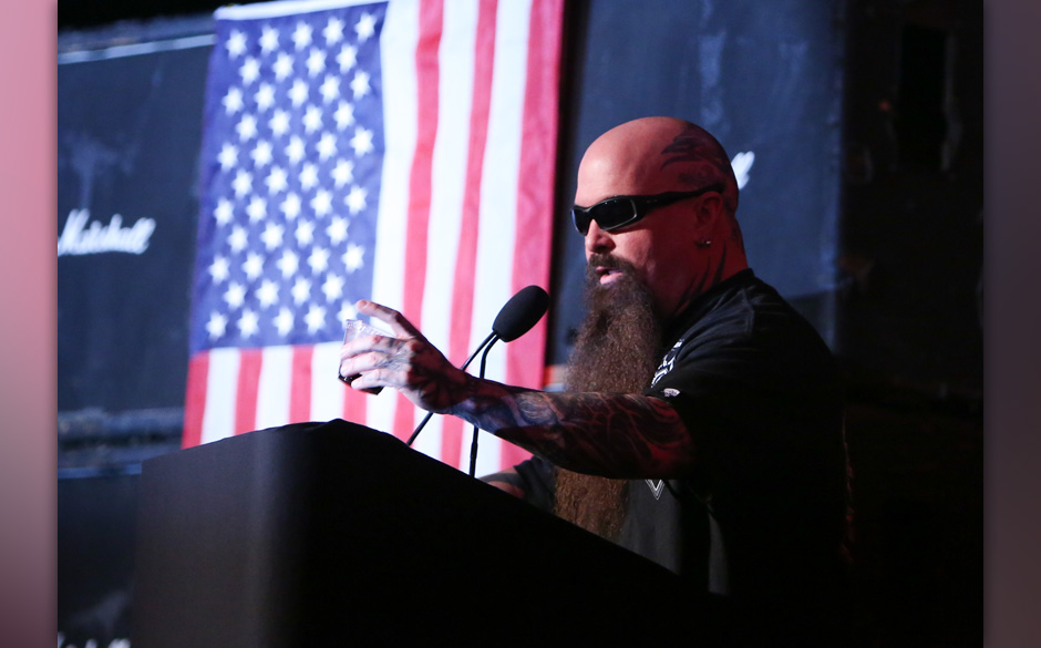 HOLLYWOOD, CA - MAY 23:  Guitarist Kerry King of the metal band Slayer speaks at the memorial celebration for Slayer Guitaris