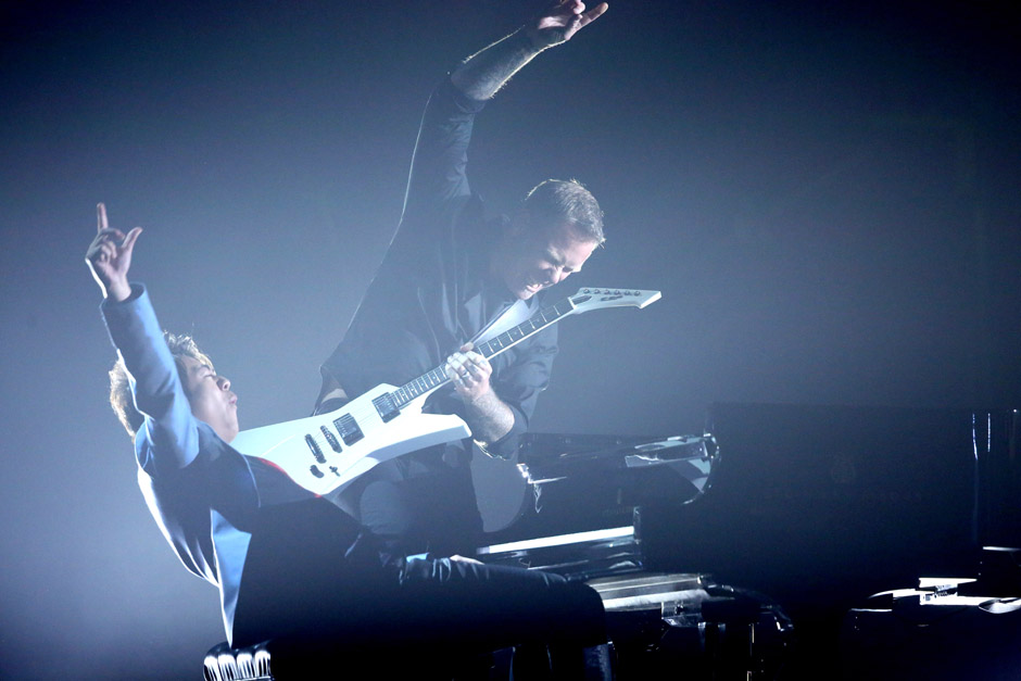 Lang Lang, left, and James Hetfield of Metallica, perform 'One' at the 56th annual Grammy Awards at Staples Center on Sunday,