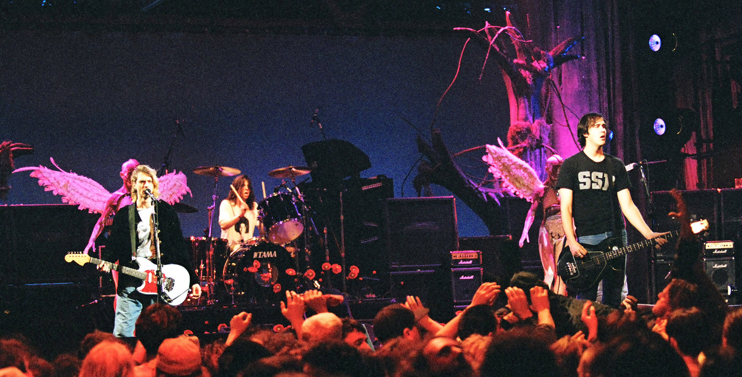 Kurt Cobain, Dave Grohl and Krist Novoselic of Nirvana (Photo by Jeff Kravitz/FilmMagic)