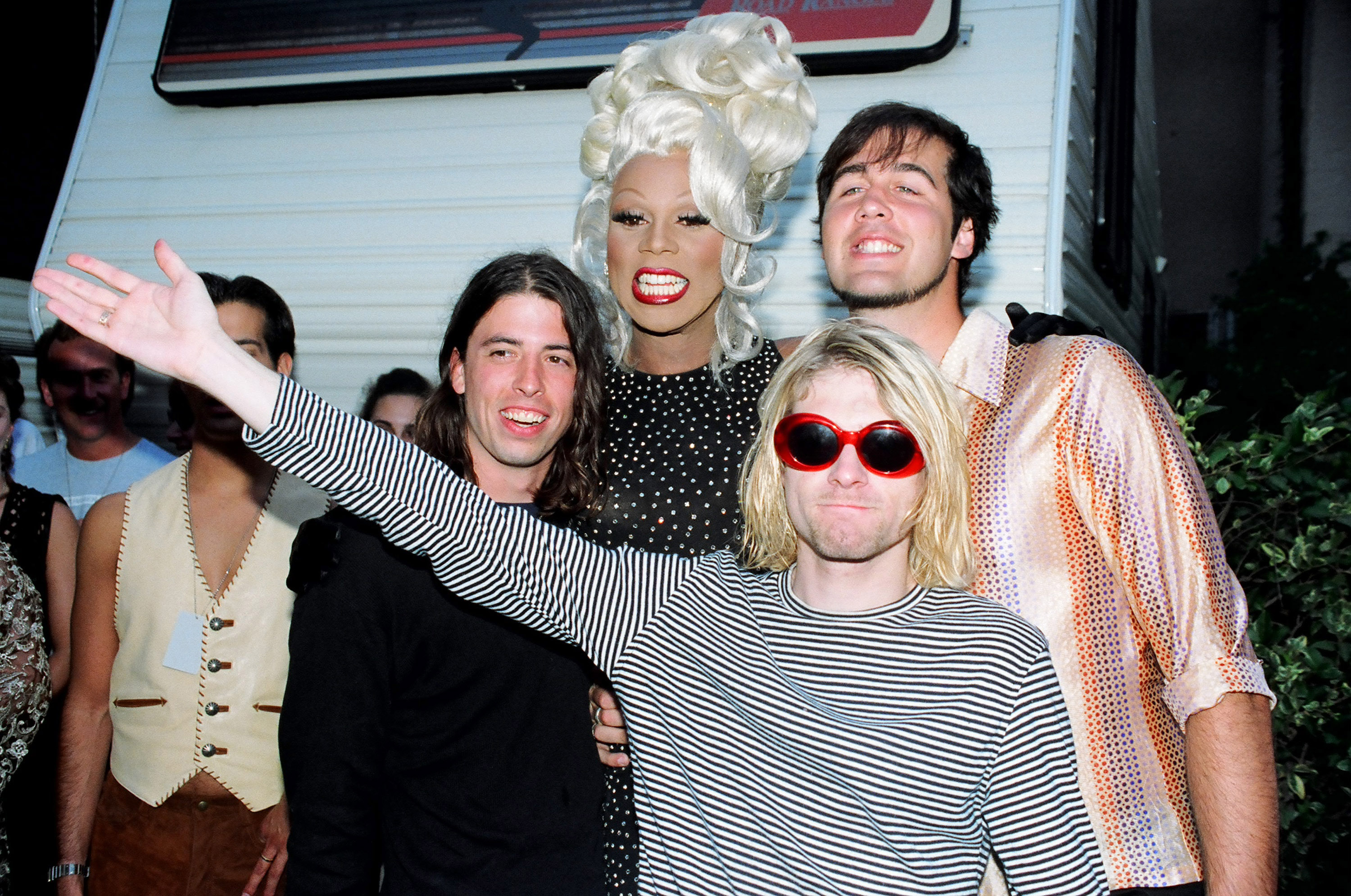 RuPaul (center) with Dave Grohl, Kurt Cobain and Krist Novoselic of Nirvana  (Photo by Jeff Kravitz/FilmMagic)