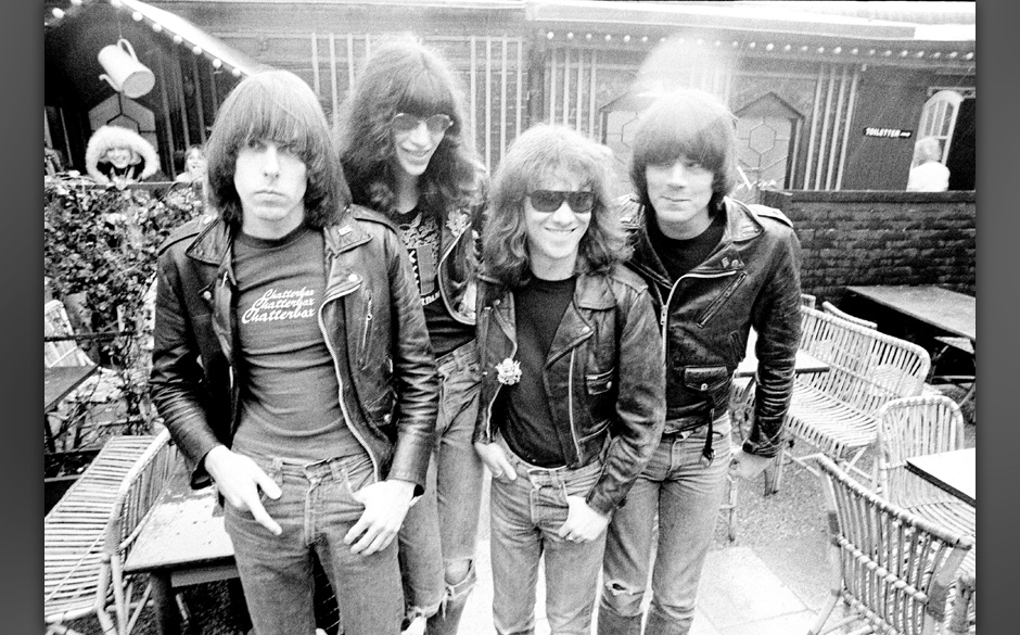 DENMARK - MAY 01:  Photo of RAMONES; The Ramones. left to right: Johnny Ramone (guitar), Joey Ramone (vocals), Tommy Ramone (