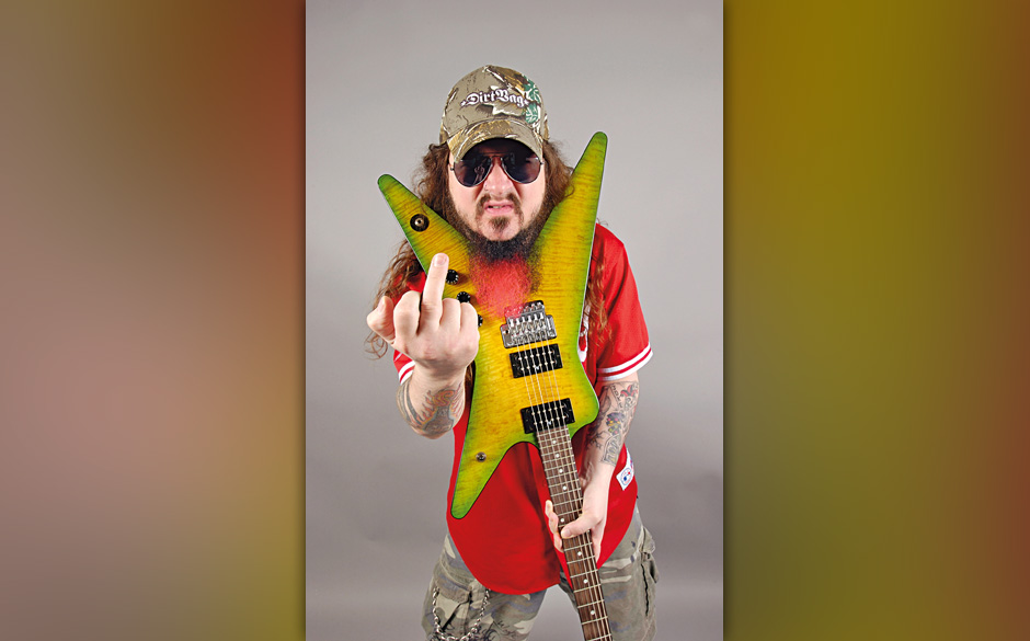 Portrait of American guitarist Darrell Abbott, better known by his stage name Dimebag Darrell, taken on June 9, 2004. Darrell