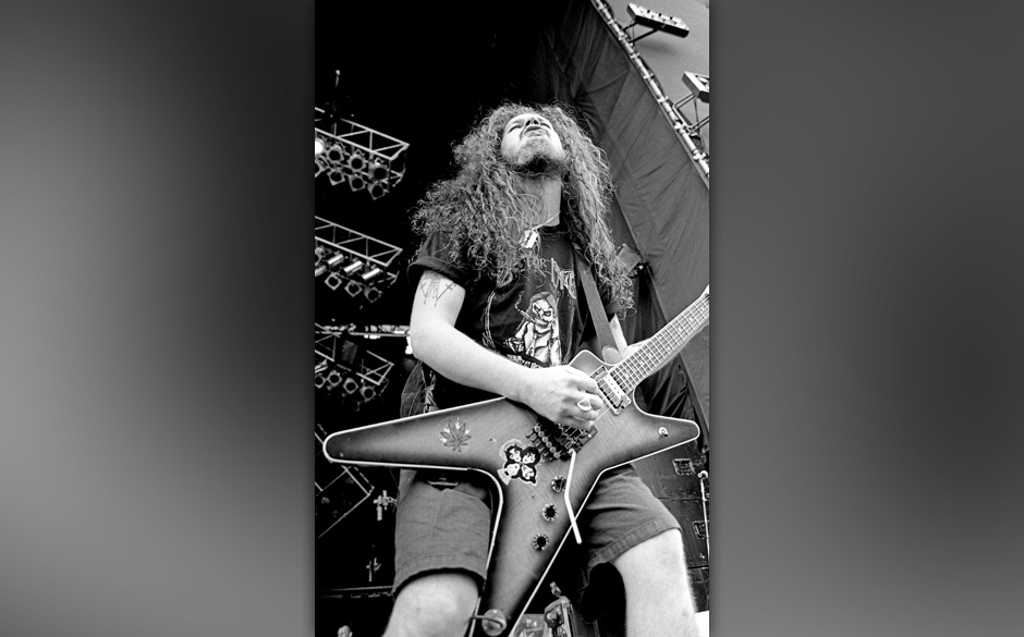 Pantera guitarist Dimebag Darrell live at Castle Donington Monsters of Rock, United Kingdom, 1994. (Photo by Martyn Goodacre/