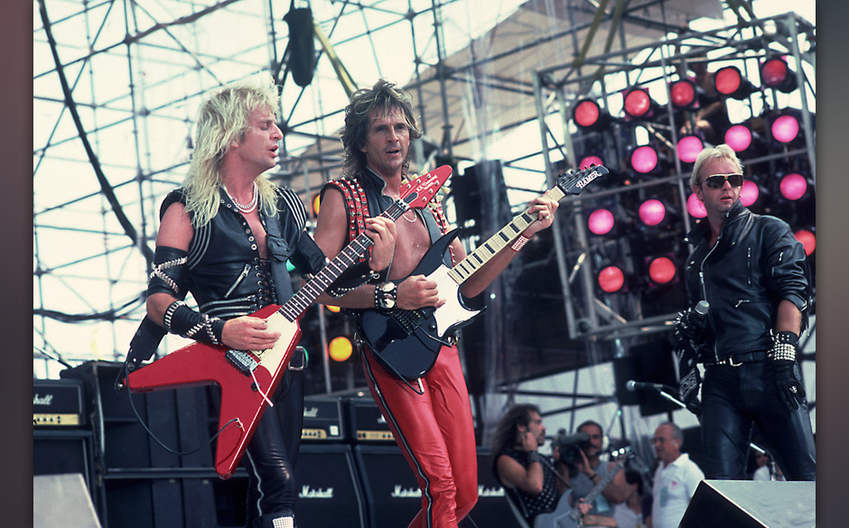 PHILADELPHIA, JULY 13:  Judas Priest perform at Live Aid at Veteren's Stadium on July 13, 1985 in Philadelphia, Pennsylvania.
