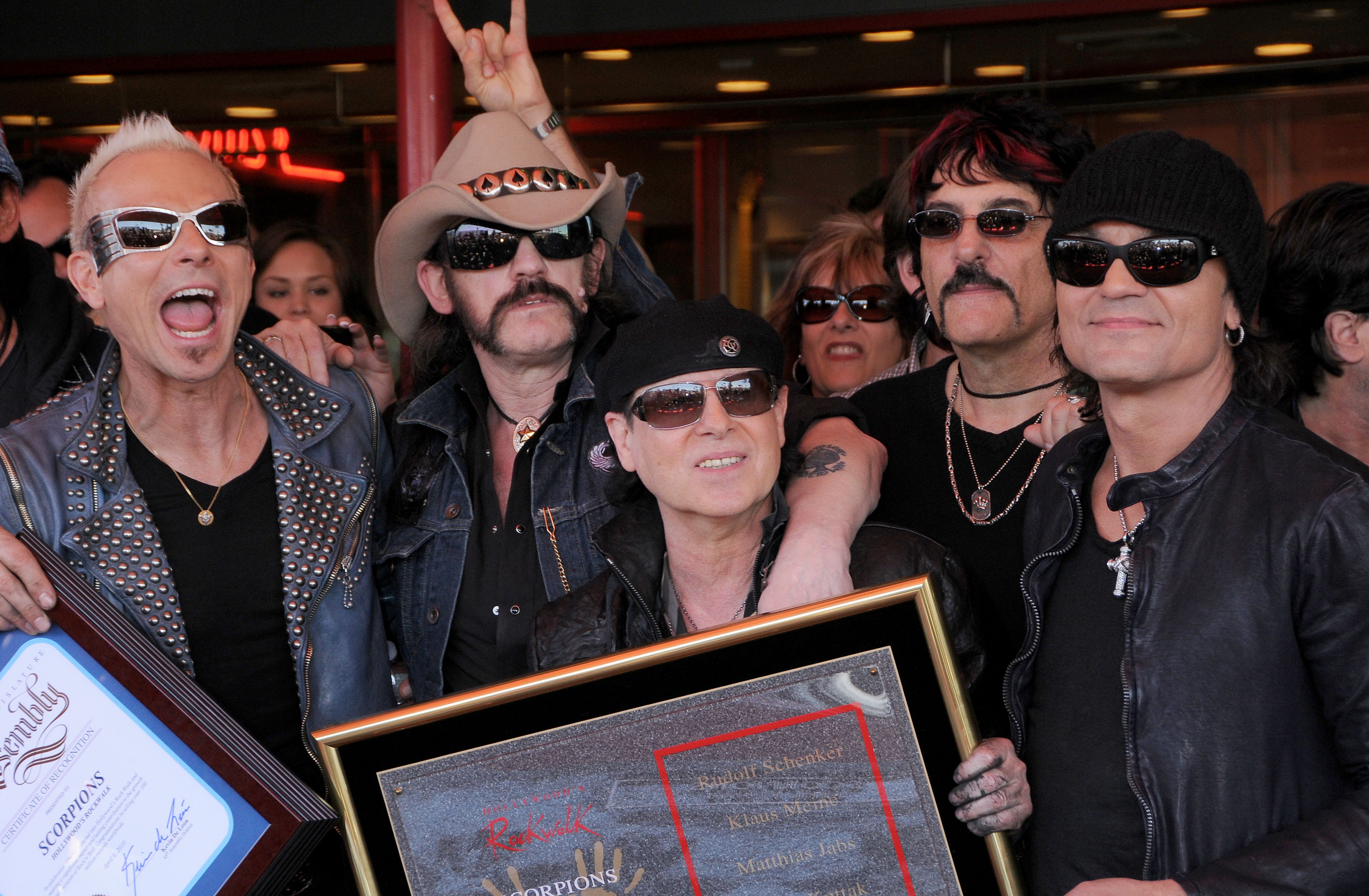 HOLLYWOOD, CA - APRIL 6: Rudolf Schenker, Lemmy of Motorhead, Klaus Meine, Carmine Appice and Matthias Jabs pose together as 