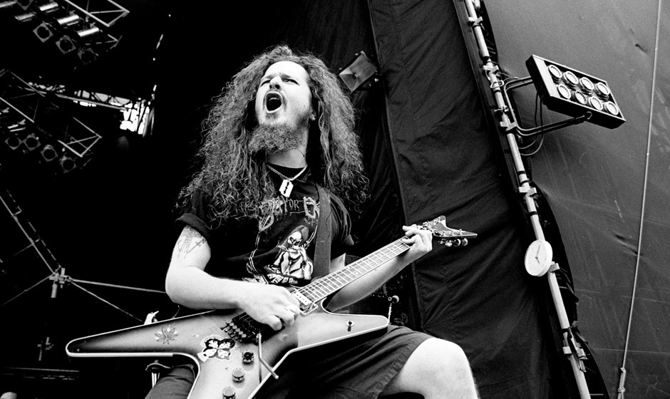 Pantera guitarist Dimebag Darrell live at Castle Donington Monsters of Rock, United Kingdom, 1994. (Photo by Martyn Goodacre/