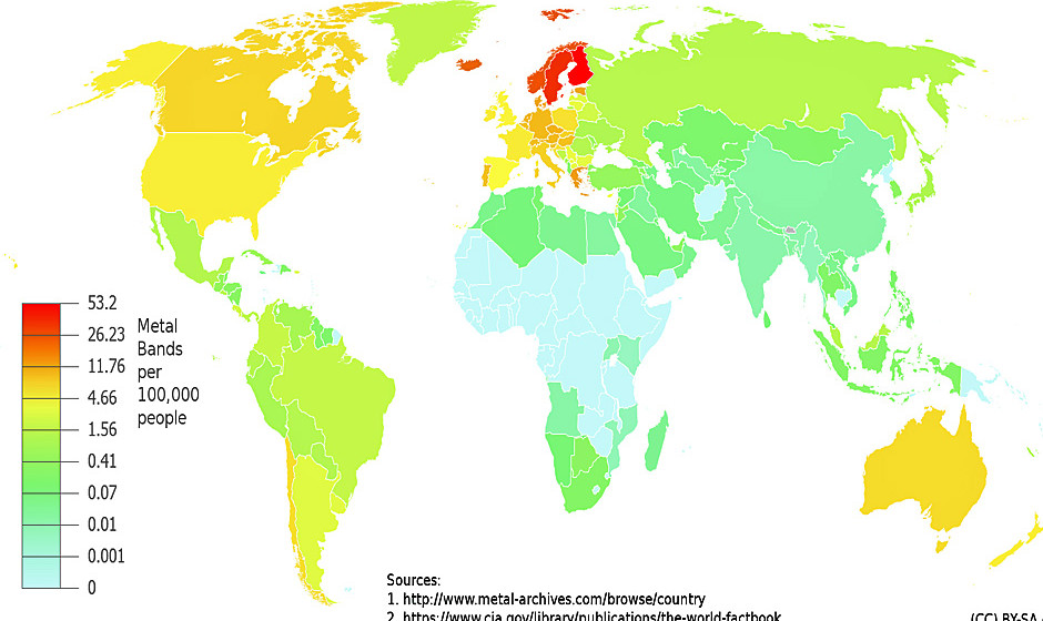 Karte der Dichte von Metal-Bands auf 100.000 Einwohner nach Land