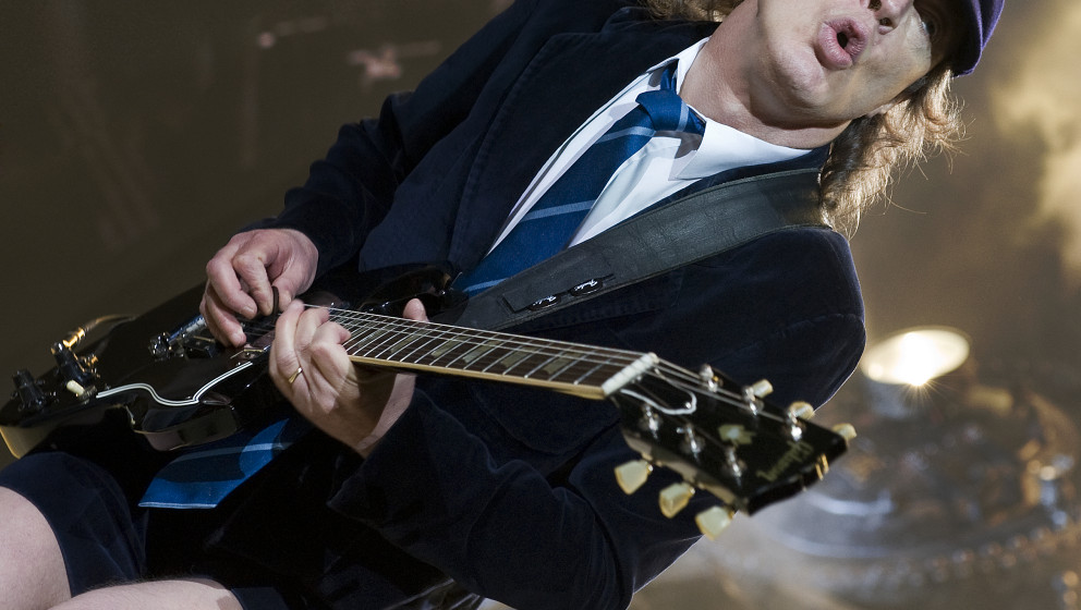 LONDON, UNITED KINGDOM - MAY 16: Angus Young of AC/DC performing live on stage at the O2 Arena, April 16, 2009. (Photo by Rob