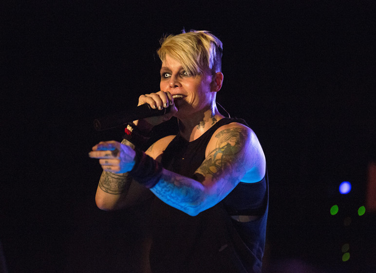 INDIANAPOLIS, IN - OCTOBER 08:  OTEP performs onstage at The Emerson Theater on October 8, 2013 in Indianapolis, Indiana.  (P