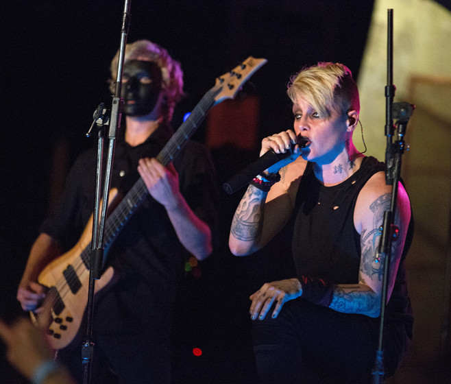 INDIANAPOLIS, IN - OCTOBER 08:  OTEP performs onstage at The Emerson Theater on October 8, 2013 in Indianapolis, Indiana.  (P