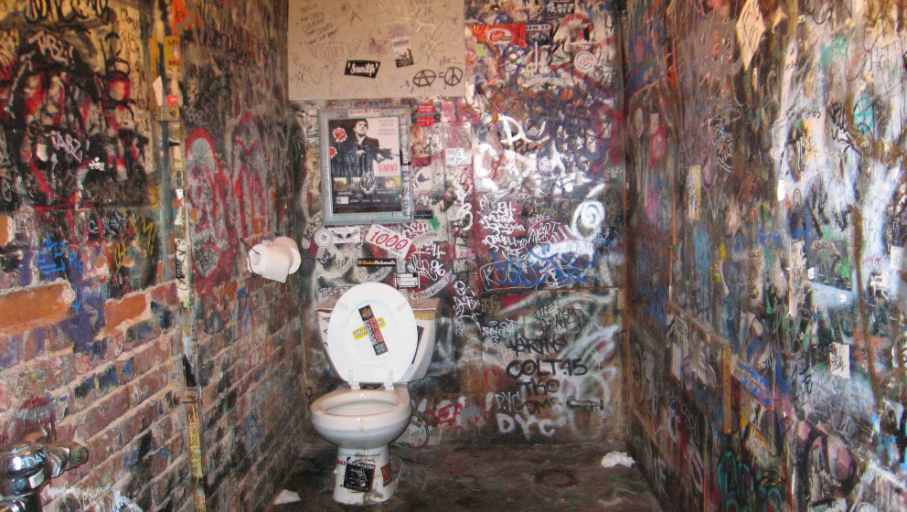 The toilets at the CBGB music club at 315 Bowery at Bleecker Street, New York City, ten days after the club closed down, 25th