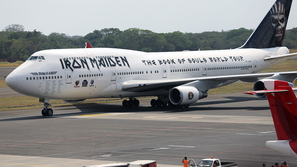 The Ed Force One airplane of British heavy metal band Iron Maiden is seen  at the Monsignor Oscar Romero International Airpor