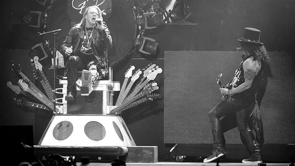 INDIO, CA - APRIL 16:  (EDITORS NOTE: Image has been converted to black and white) Axl Rose and Slash of Guns N' Roses perfor