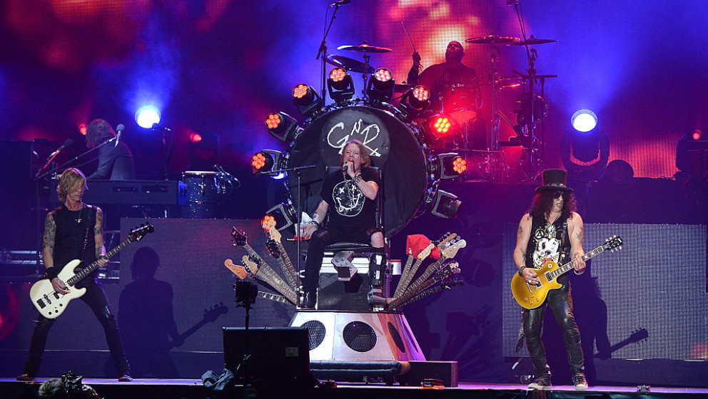 INDIO, CA - APRIL 16:   Duff McKagan, Axl Rose and Slash of Guns N' Roses performs onstage during day 2 of the 2016 Coachella