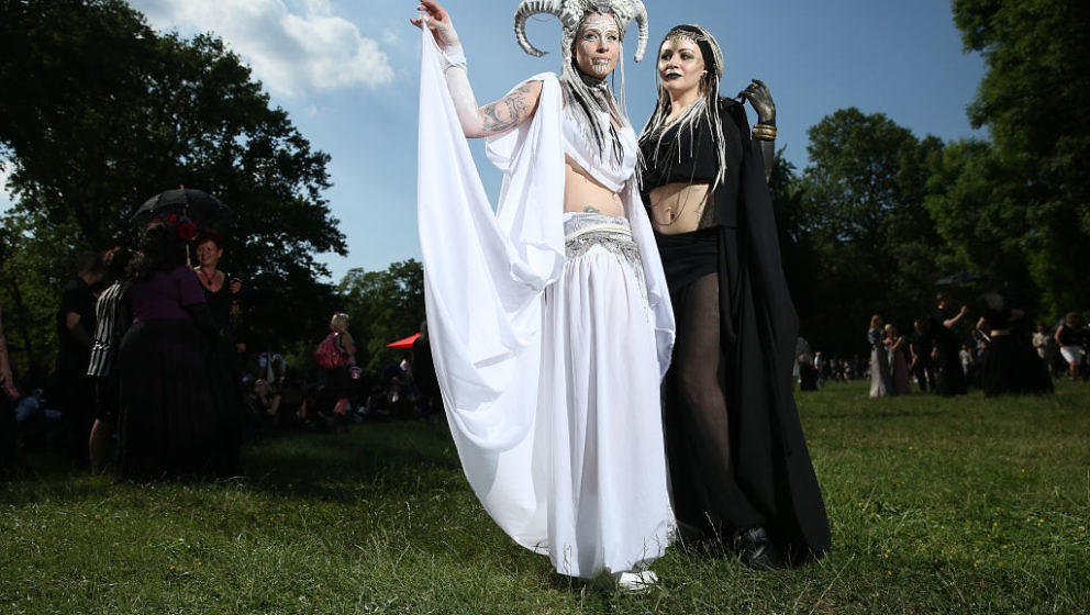 LEIPZIG, GERMANY - JUNE 02:  Two friends inspired by fantasy attend the Victorian Picnic on the first day of the annual Wave-