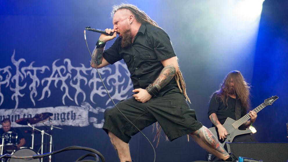 BURTON UPON TRENT, ENGLAND - AUGUST 11:  Rafal Piotrowski of Decapitated performing live on stage on day 1 at Bloodstock Fest