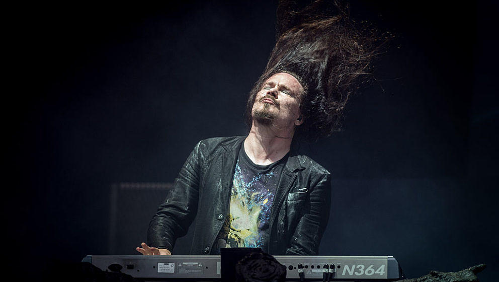DONINGTON, ENGLAND - JUNE 12:  Tuomas Holopainen of Nightwish performs on the main stage at the Download Festival at Doningto