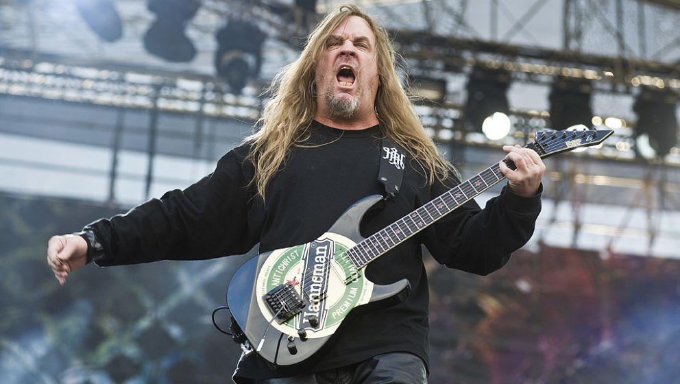 WARSAW, POLAND - JUNE 16: Jeff Hanneman of American thrash metal band Slayer, live on stage at Sonisphere Festival, June 16, 