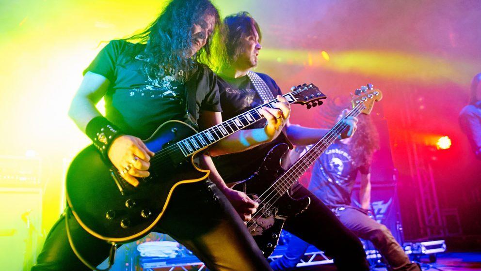 PWLLHELI, UNITED KINGDOM - MARCH 16: Mats Bjorkman and Leif Edling of Candlemass performs on stage at Hammerfest 2013 on Marc