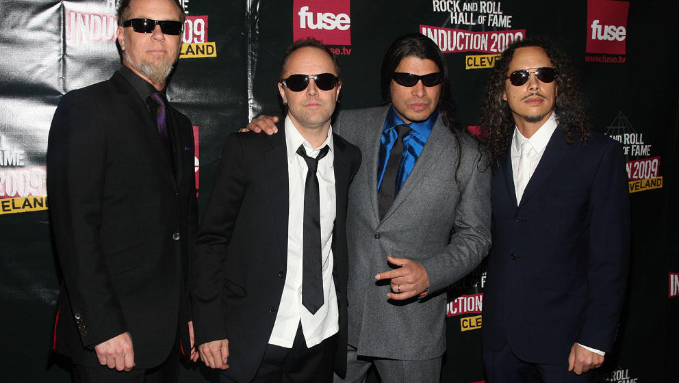 (L-R) Musicians James Hetfield, Lars Ulrich, Robert Trujillo and Kirk Hammett of Metallica attend the 24th Annual Rock and Ro