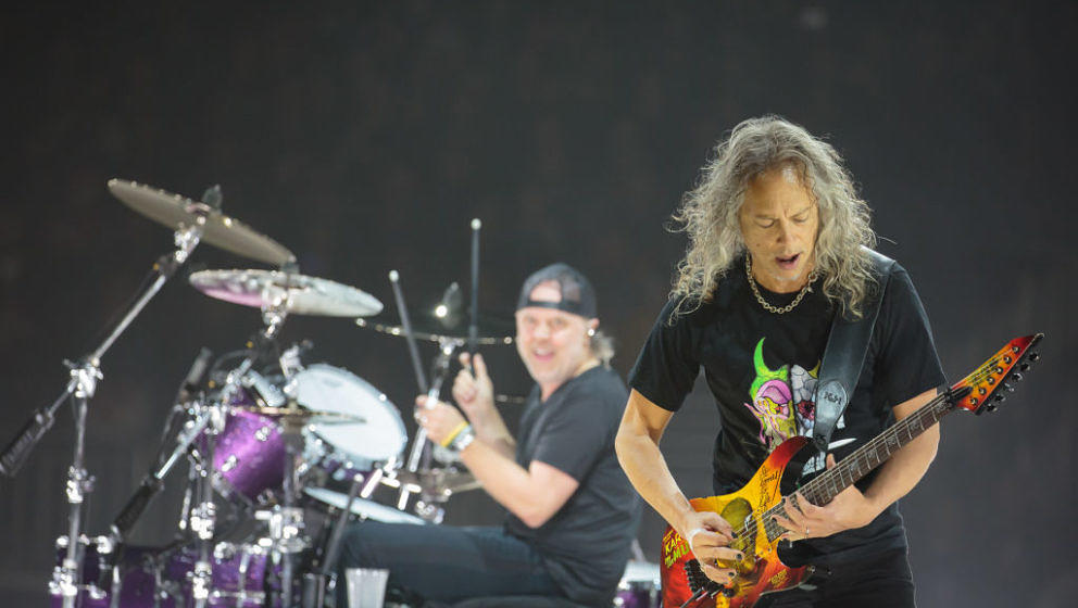 KANSAS CITY, MO - MARCH 06: Musicians Lars Ullrich and Kirk Hammett of Metallica perform at Sprint Center on March 6, 2019 in