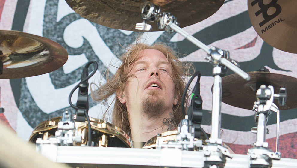 SAN BERNARDINO, CA - JUNE 29:  Fredrik Andersson of the Metal Band Amon Amarth performs live at the 2013 Rockstar energy drin