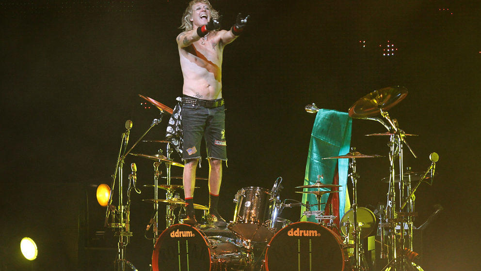 FILE- In this Thursday, Sept. 16, 2010, file photo, James Kottak, drummer of the German rock band Scorpions, gestures during 