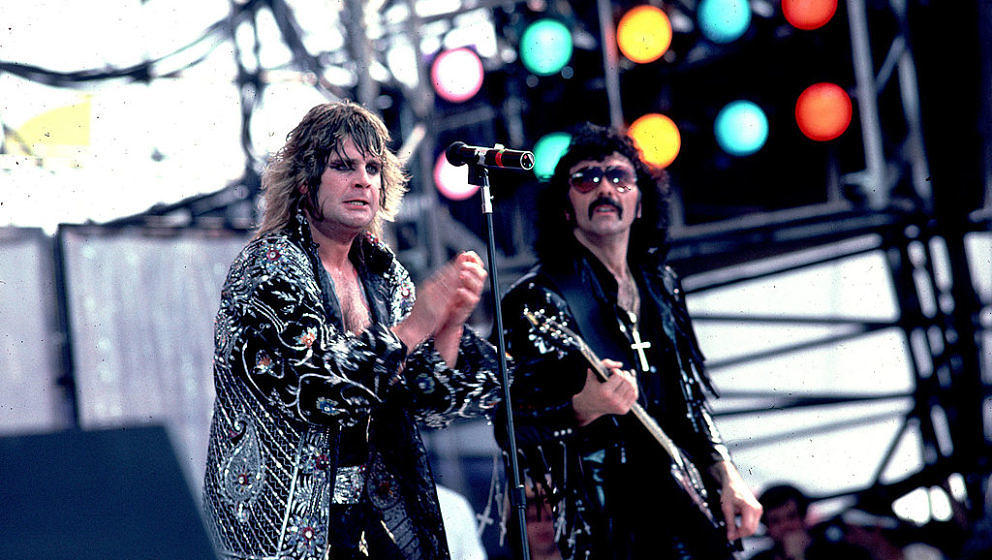 Ozzy Osbourne and Tony Iommi of Black Sabbath at Live Aid on 7/13/85 in Philadelphia, Pa. (Photo by Paul Natkin/WireImage)