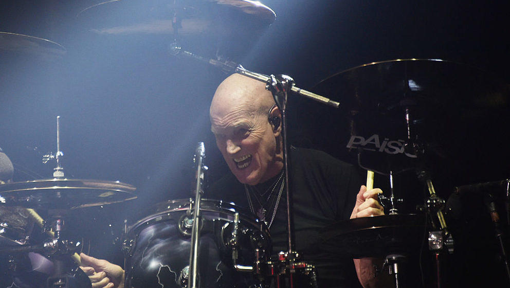 NEW YORK, NY - SEPTEMBER 14:  Drummer Chris Slade of AC/DC performs during the AC/DC Rock Or Bust Tour at Madison Square Gard