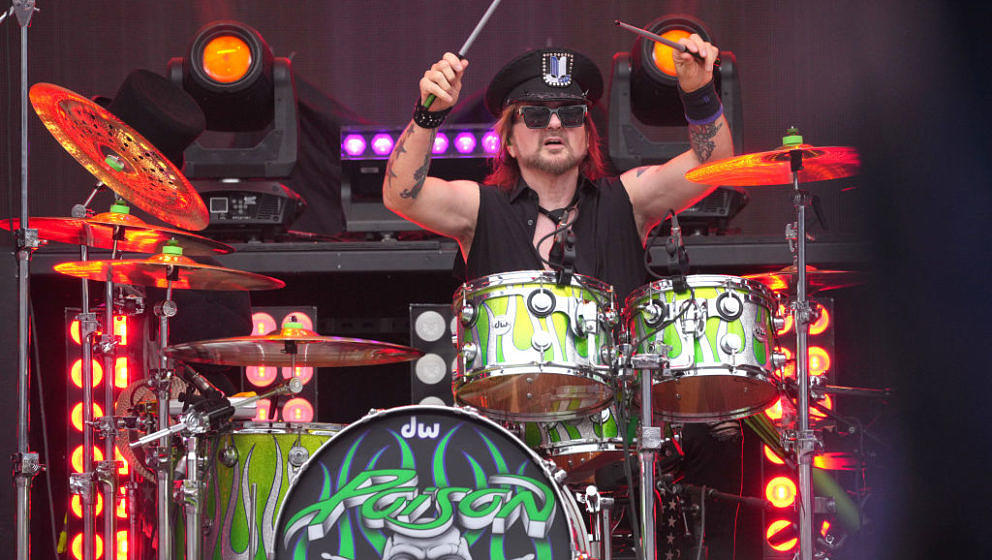 WASHINGTON, DC - JUNE 22:  Rikki Rockett of Poison performs onstage during The Stadium Tour at Nationals Park on June 22, 202