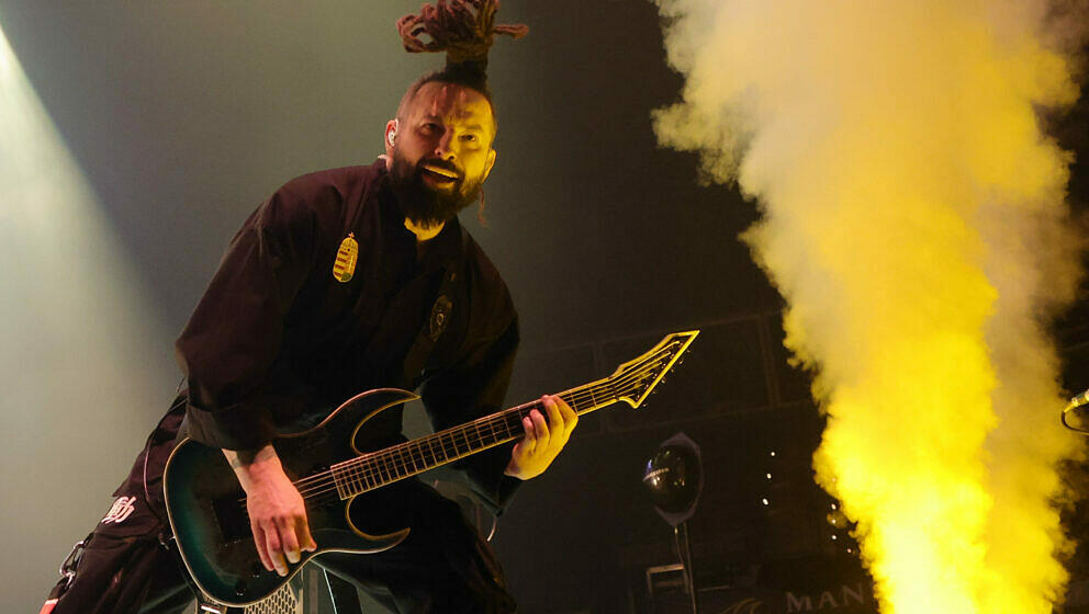 LAS VEGAS, NEVADA - DECEMBER 17: Guitarist Zoltan Bathory of Five Finger Death Punch performs at Michelob ULTRA Arena on Dece