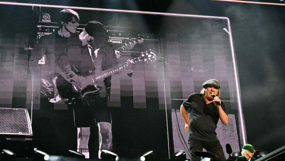 Brian Johnson, lead vocalist of Australian rock band AC/DC perform on stage during their 'PowerUp Tour 2024' at the VELTINS-A