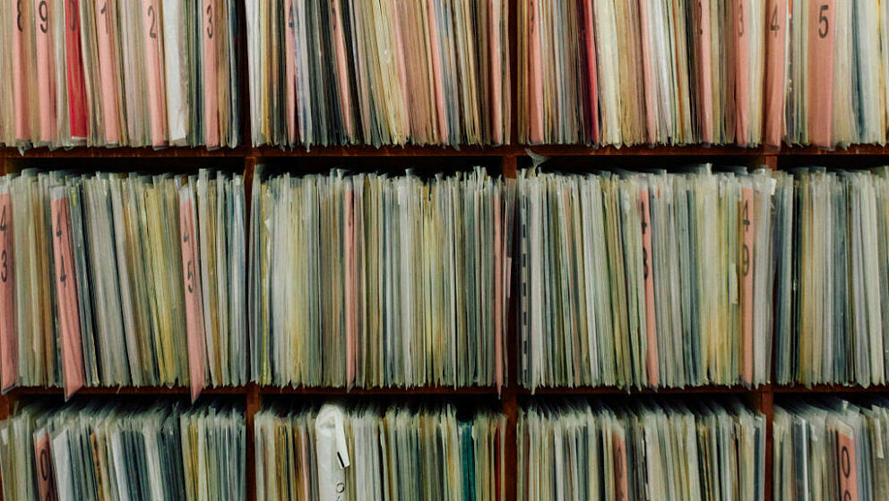 Vinyls are displayed for sale at indie record store Flashback Records in London on April 18, 2024. Record Store Day is celebr