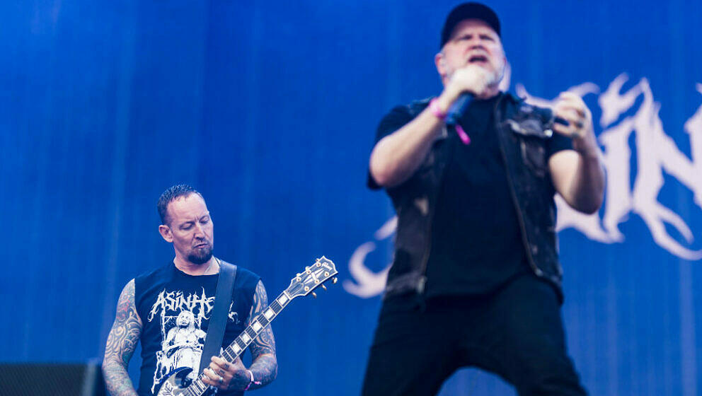 NUERBURG, GERMANY - JUNE 07: (L-R) Singer and guitarist Michael Poulsen of the band Volbeat and Asinhell and Marc Grewe perfo