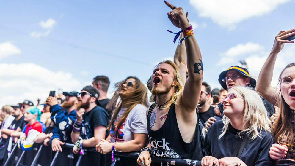 NUERBURG, GERMANY - JUNE 07: People celebrating the performance of Fit for a King at during Rock am Ring at Nuerburgring on J